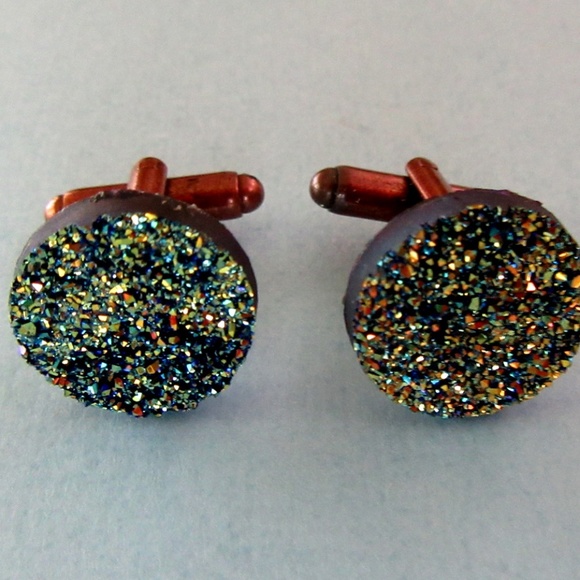 Faux druzi stone blue green cufflinks in copper setting - unisex cuff links - Picture 3 of 6